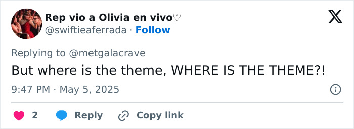 Tweet criticando el vestido de gala Met Gigi Hadid 2025, cuestionando si olvidó el tema del evento.