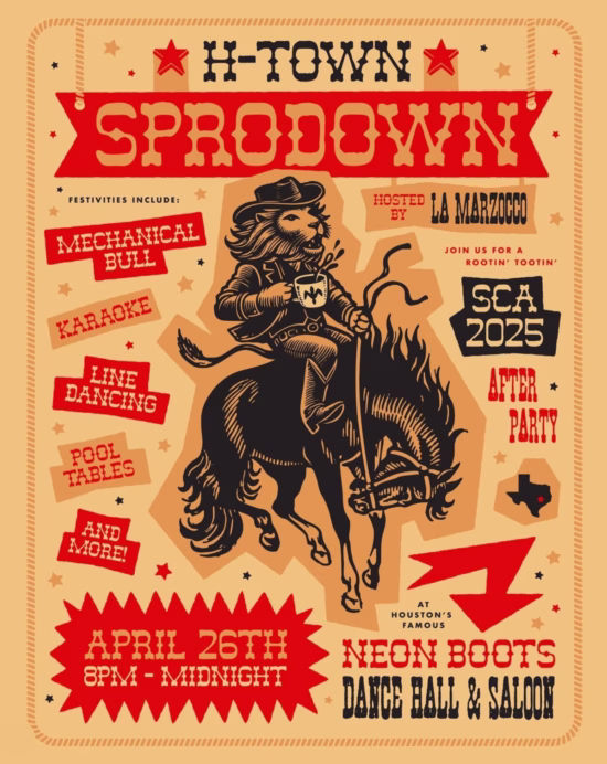 Cartel de H-Town Sprodown, organizado por La Marzocco. Toro mecánico, karaoke, baile de línea y mesas de billar en Houston, Texas.