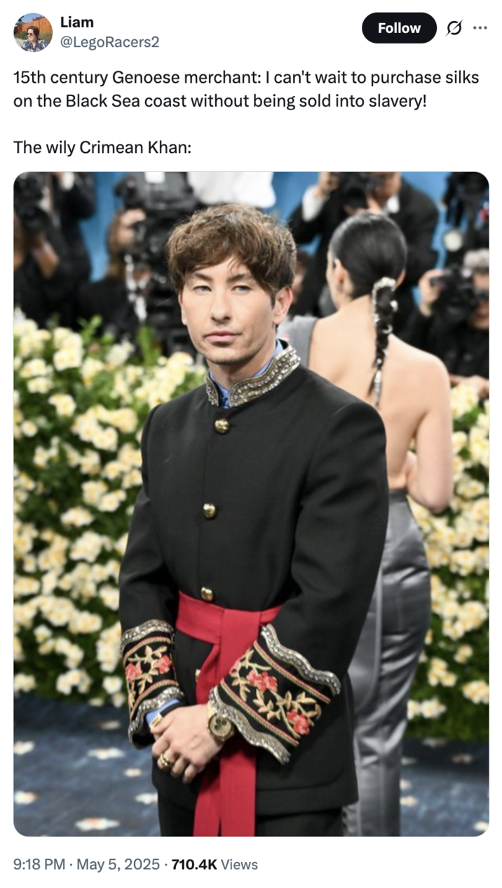 5 de mayo de 2025 Tweet por @legoracers2 X usuario @legoracers2 participó en chistes que retratan a Barry Keoghan como un Vizir de Crimea, escribiendo,