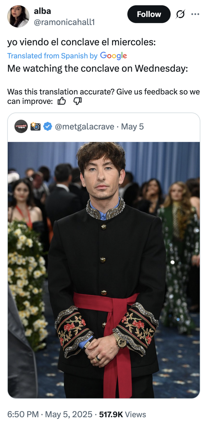 5 de mayo de 2025 Tweet por @ramonicahall1 X usuario @ramonicahall1 citó un tweet sobre el atuendo de gala Met de Barry Keoghan, publicando un tweet que se traduce en