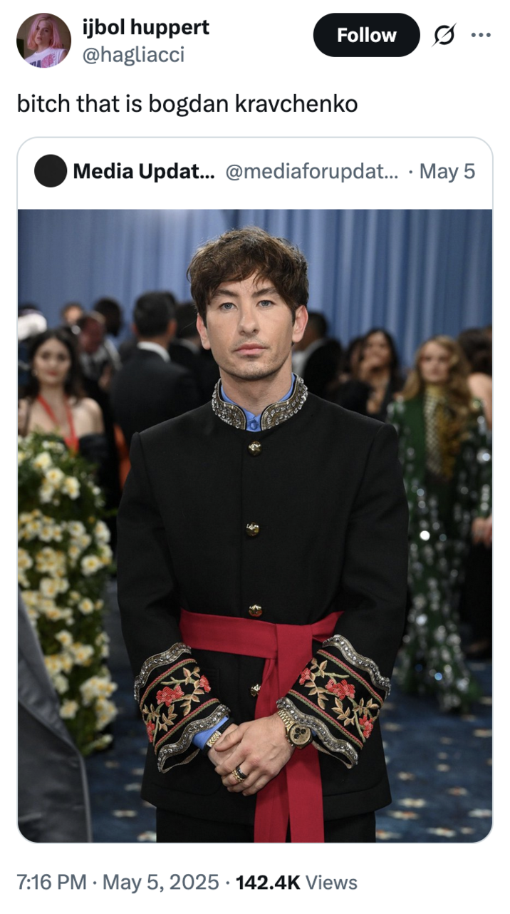 5 de mayo de 2025 Tweet por @hagliacci X usuario @hagliacci citó un tweet sobre el atuendo de gala Met de Barry Keoghan, publicando un tweet que decía,