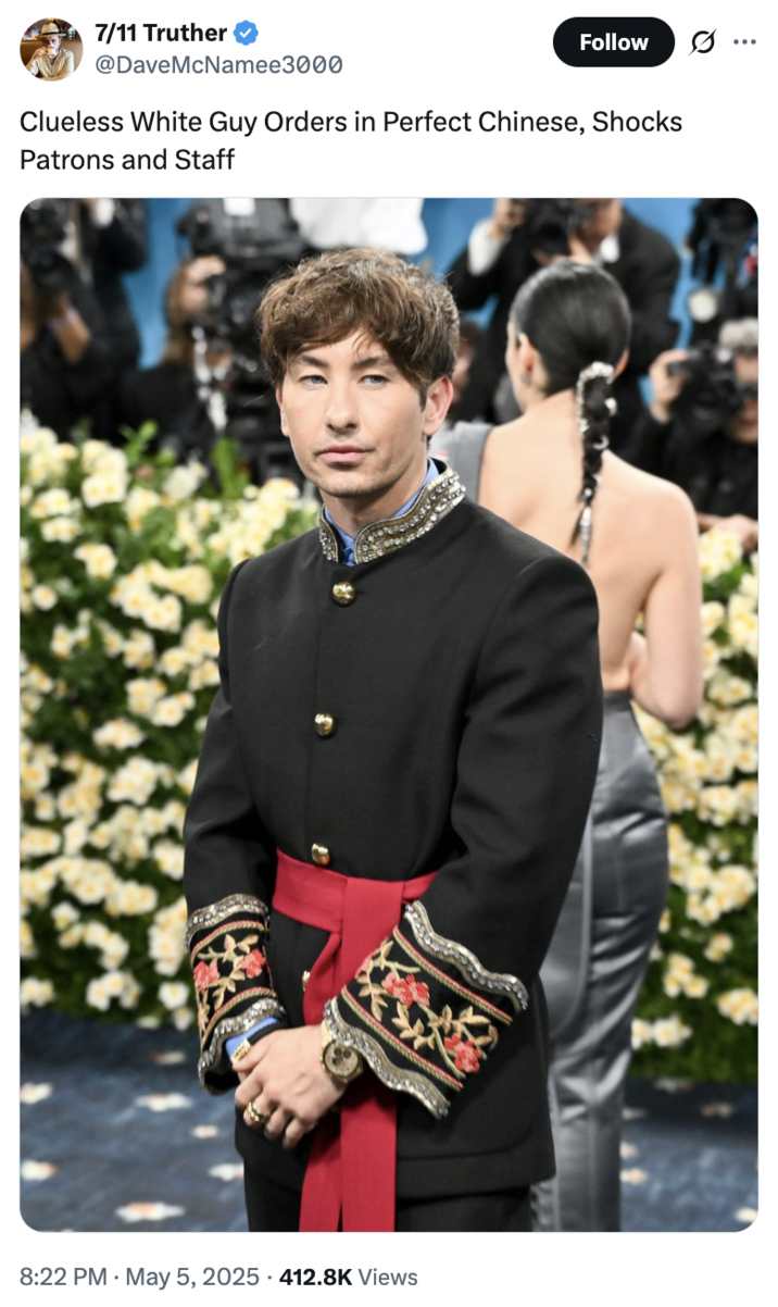 5 de mayo de 2025 Tweet por @Davemcamee3000 X usuario @davemcamee3000 reaccionó al atuendo de gala Met 2025 de Barry Keoghan, haciendo referencia al