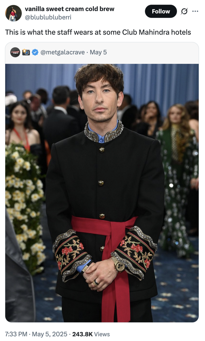 5 de mayo de 2025 Tweet por @Blublublúberri X usuario @blublublúberri reaccionó al atuendo de gala Met 2025 de Barry Keoghan, diciendo que se asemeja a los disfraces usados por el personal en algunos
