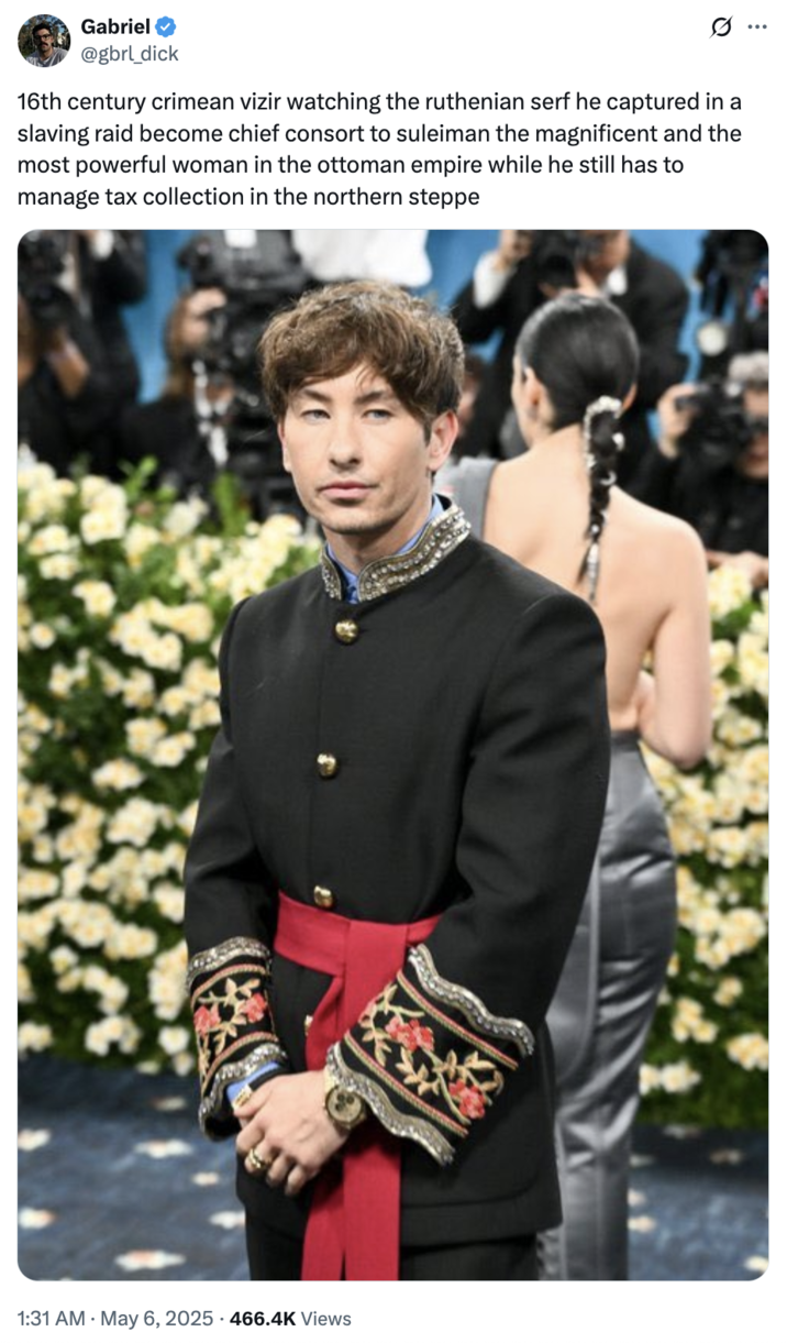 6 de mayo de 2025 Tweet por @gbrl_dick X usuario @GBRL_Dick participó en chistes que retratan a Barry Keoghan como un Vizir de Crime, escribiendo,