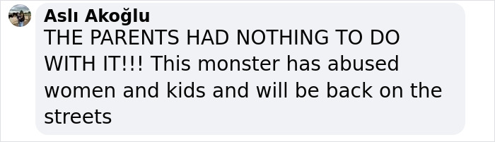 Comentario de Aslı Akoğlu afirmando que los padres no tenían nada que ver con eso y mencionó el abuso por parte del sospechoso.