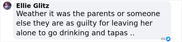 Comente sobre el caso Madeleine McCann de la usuaria Ellie Glitz criticando la responsabilidad y el comportamiento de los padres en línea.