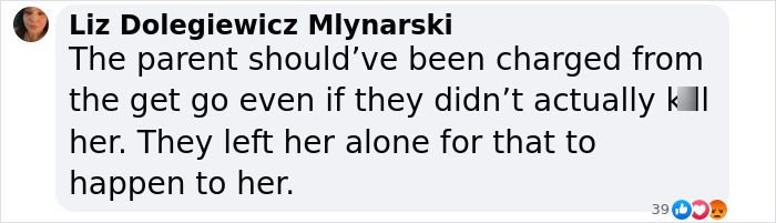 Comentario de Liz Dolegiewicz Mlynarski que expresa que el padre debería haber sido acusado relacionado con el caso Madeleine McCann.
