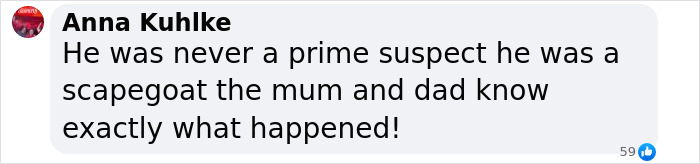 Captura de pantalla de un comentario de redes sociales sobre el caso de Madeleine McCann y la información sospechosa.