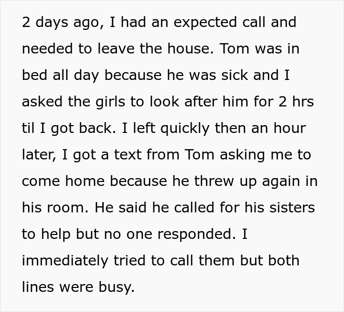 Texto alternativo: texto sobre mamá que enfrenta hijas por descuidar a su medio hermano enfermo durante una emergencia familiar.