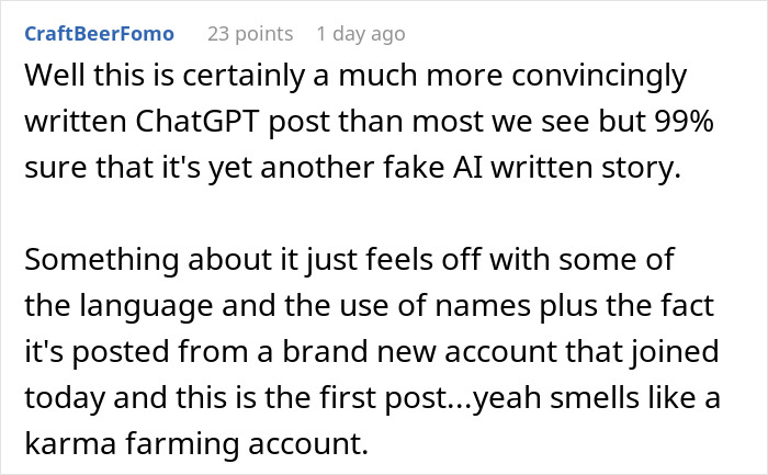 Comentario de Reddit discutiendo una publicación de chatgpt sospechosa sobre una madre que explota a las hijas y las llama patéticas.