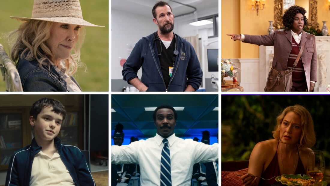El crítico de televisión de NPR, Eric Deggans, elige sus actuaciones favoritas de 2025 hasta el momento, incluida, en sentido horario de la izquierda, Catherine O'Hara en el último de nosotros y el estudio, Noah Wyle en el Pitt, Uzo Aduba en la residencia, Carrie Coon en el Lotus blanco, Tramell Tillman en Severance y Owen Cooper in Awolescence.