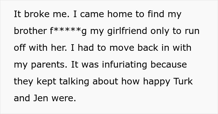 Extracto de texto que muestra a una persona que describe la angustia y se mudó con los padres después de la traición del hermano que involucra a su novia.