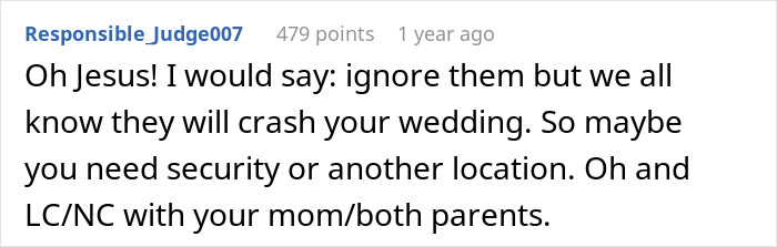 Captura de pantalla de un comentario en línea discutiendo a los padres de un chico no invitado de la boda de Brother sobre las demandas de Homewriter Bro.