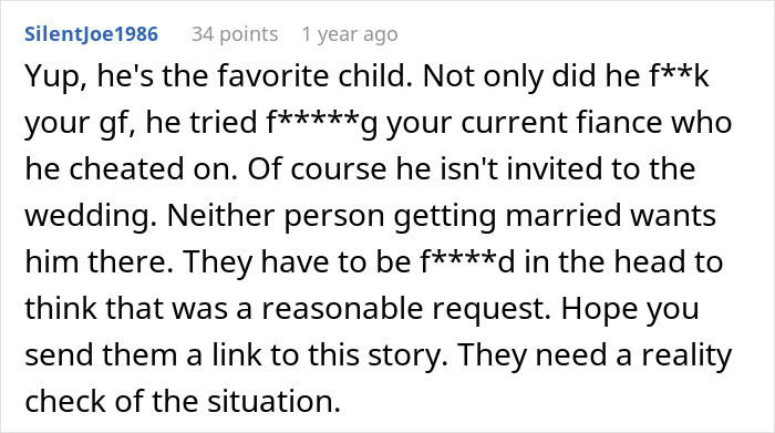 Comentario discutiendo a los padres no invitados de la boda del hermano después de exigir invitación para el hermano de naipes.