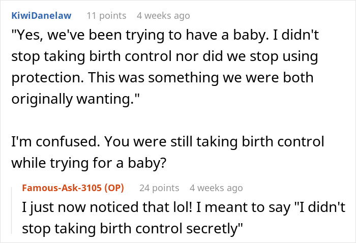 Comentarios discutiendo a una mujer sorprendente al esposo con la prueba de embarazo, revelando confusión sobre el control de la natalidad mientras intenta un bebé.