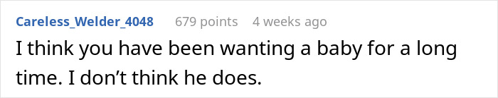 Comentario diciendo que creo que has querido un bebé durante mucho tiempo, expresando dudas sobre sus sentimientos.