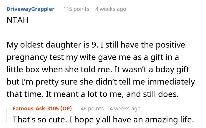 Captura de pantalla de una conversación de Reddit sobre una mujer que sorprende a su esposo con una prueba de embarazo como regalo.
