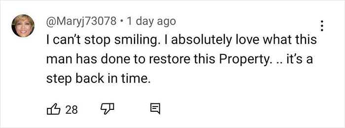 Comentario del usuario alabando la restauración de una propiedad, expresando amor por el trabajo en la casa más cara del mundo.