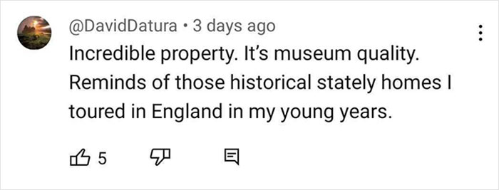 Captura de pantalla de un comentario en las redes sociales elogiando una propiedad increíble como calidad del museo y que recuerda a las casas históricas señoriales.