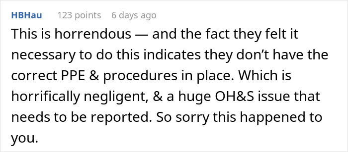Captura de pantalla de un comentario en línea sobre la seguridad en el lugar de trabajo, reflexionando sobre nominaciones arriesgadas para empleados sin niños.