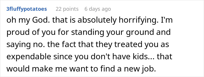 Comentario del usuario discutiendo ser tratado como prescindible y nominado para un trabajo de riesgo adicional debido a no tener hijos.
