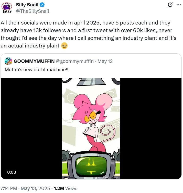 una planta de la industria real Un tweet que acusa a Goommyfin de ser una planta de la industria. El tweet fue realizado por @ThesillySnail.