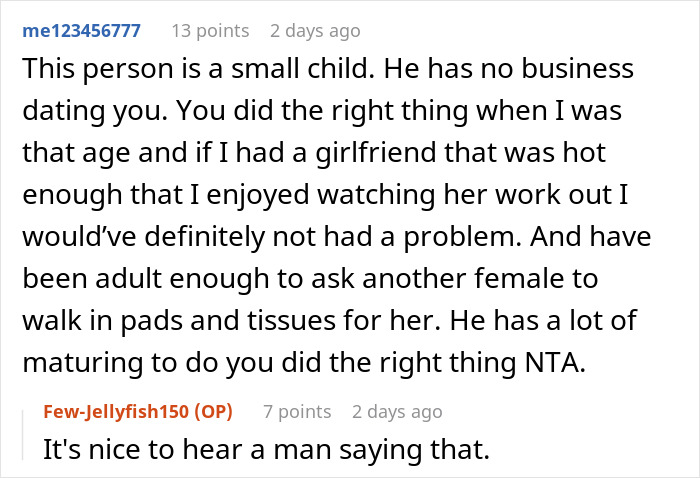 Comente discutir dumping boyfriend para negarse a la almohadilla y los tejidos del período manual, destacando la madurez y los problemas de apoyo.