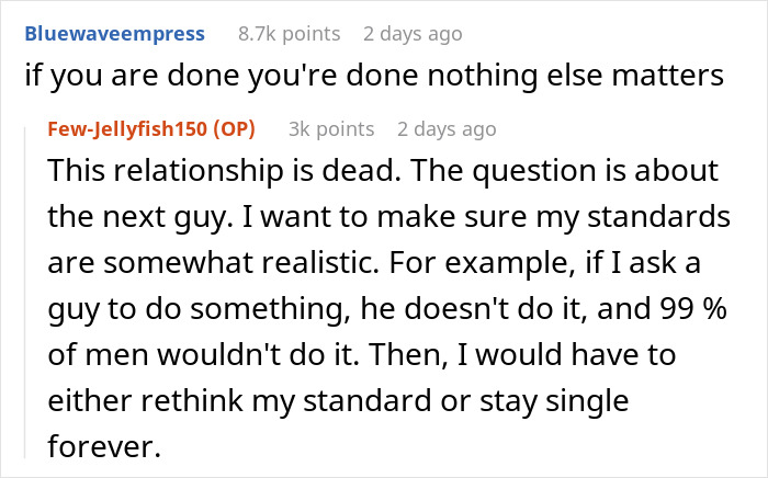 Reddit comenta discutiendo Dumping Boyfriend para negarse a la almohadilla y los tejidos del período de mano en una situación de relación difícil.