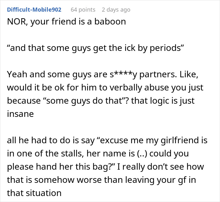 Conversación de texto discutiendo un novio que se niega a la almohadilla y los tejidos del período manual, destacando los problemas de relación.