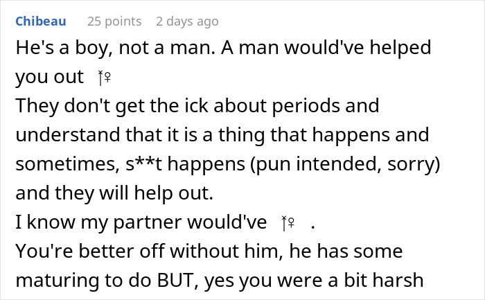 Comentario discutiendo dumping boyfriend por negarse a entregar una almohadilla de época y tejidos, enfatizando el apoyo durante los períodos.