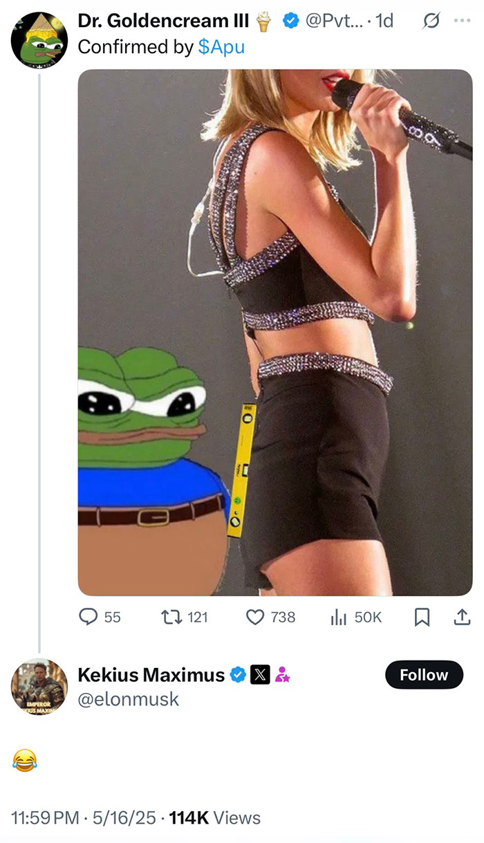 Elon Musk reacciona con el emoji riendo a Taylor Swift Meme de vergüenza con Pepe the Frog y Taylor Swift en el escenario.
