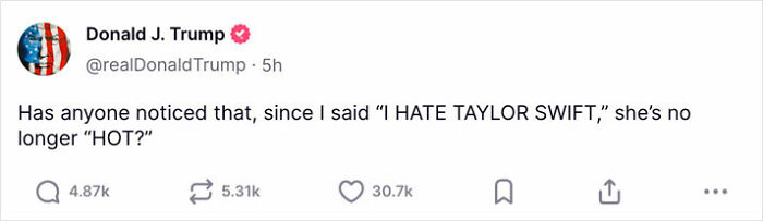 Captura de pantalla de un tweet de Donald Trump que menciona a Taylor Swift en medio de la reacción de Elon Musk a la controversia de vergüenza del cuerpo.
