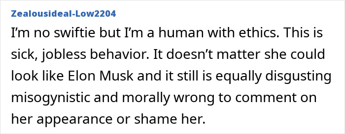 Comentario del usuario criticando la reacción de Elon Musk a Taylor Swift Shaming Post como un comportamiento poco ético y misógino.