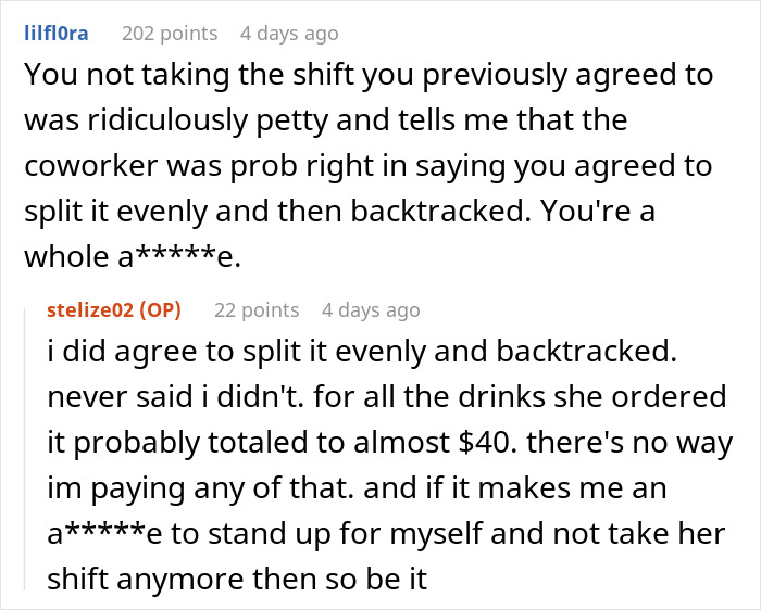 Conversación de Reddit sobre compañeros de trabajo que aceptan dividir el proyecto de ley, pero uno retrocede después de cenar.