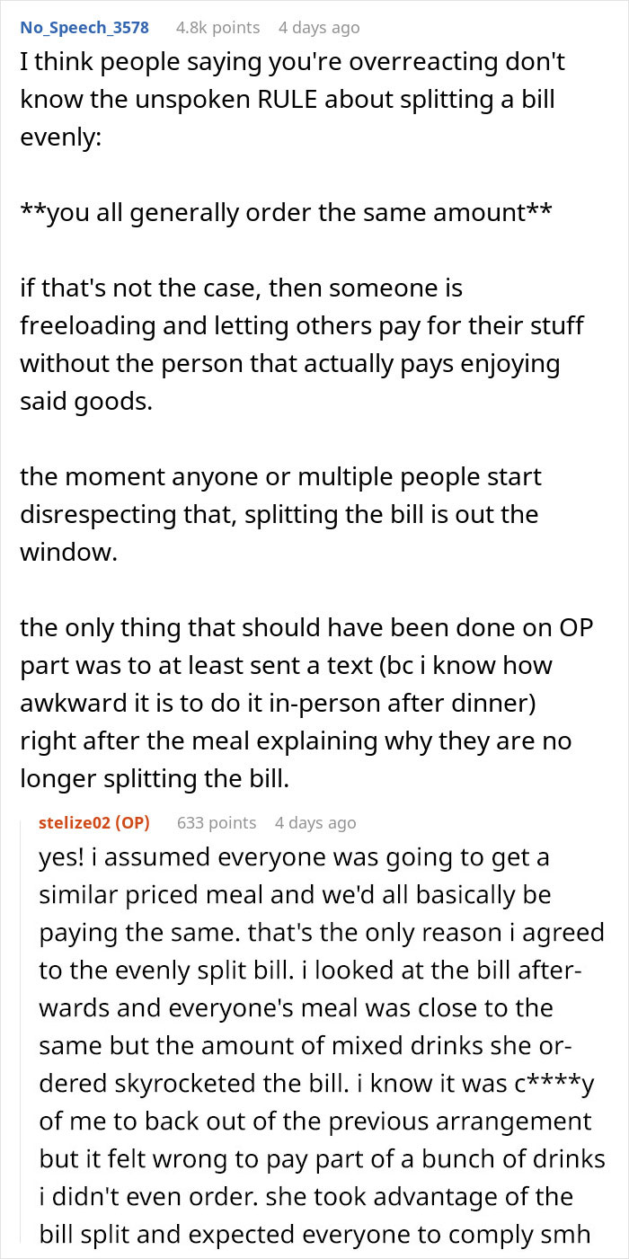 Comentario de Reddit discutiendo la regla tácita sobre dividir el proyecto de ley de manera uniforme entre los compañeros de trabajo después de la cena.