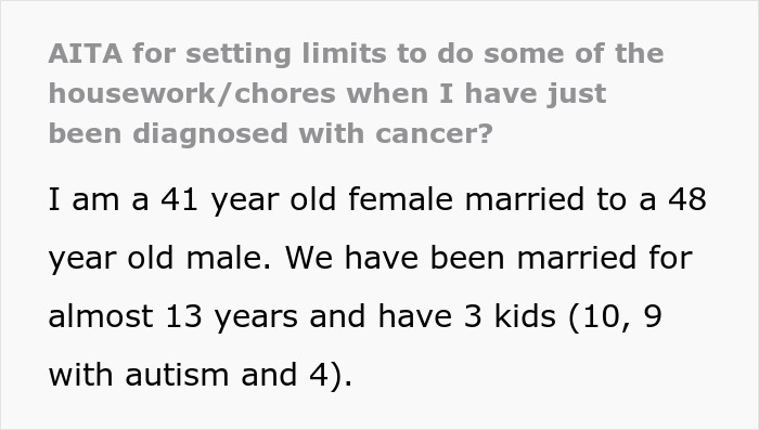 Extracto de texto de una mujer con cáncer pidiéndole ayuda a su esposo con las tareas mientras él dice que no está haciendo lo suficiente.