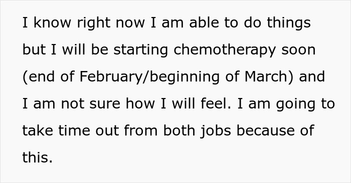 Envíe un mensaje de texto sobre un fondo blanco que explica a una mujer con cáncer preparándose para comenzar la quimioterapia y la necesidad de tomar un tiempo libre del trabajo.