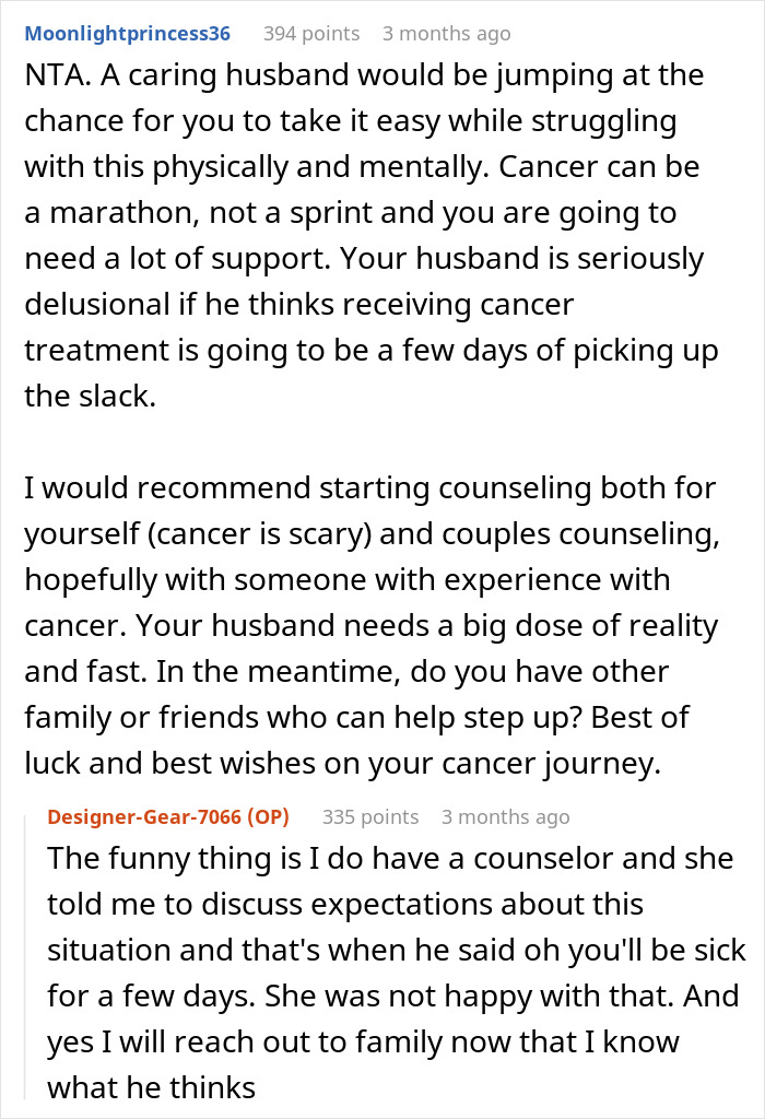 La mujer con cáncer busca la ayuda del marido con las tareas, pero él dice que no está haciendo lo suficiente durante la enfermedad y el tratamiento.
