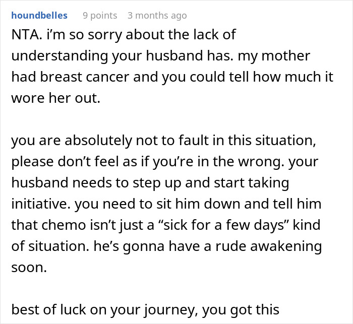 Comentario expresando simpatía por la mujer con el cáncer que enfrenta la falta de apoyo del esposo para las tareas durante el tratamiento.