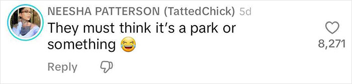 Comente en las redes sociales de Neesha Patterson reaccionando con emoji de risas sobre extraños haciendo un picnic en el patio de una mujer.
