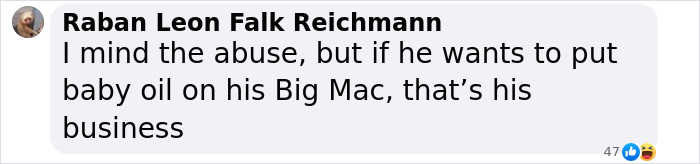 Comentario de Facebook de Raban Leon Falk Reichmann sobre los desagradables hábitos alimenticios de Diddy, haciendo referencia al aceite de bebé en una gran mac.