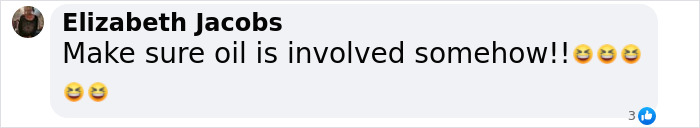 Captura de pantalla de un comentario de Facebook de Elizabeth Jacobs bromeando sobre el petróleo, relacionado con los repugnantes hábitos alimenticios de Diddy revelados por el antiguo personal.