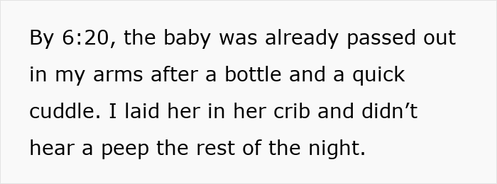 Extracto de texto que describe a un bebé que se queda dormido rápidamente después de una botella y se abraza, relevante para la disputa de pago de la niñera.