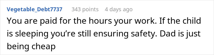 Captura de pantalla de un comentario en el foro discutiendo cuestiones de pago de niñera relacionadas con un bebé que se queda dormido durante el trabajo.