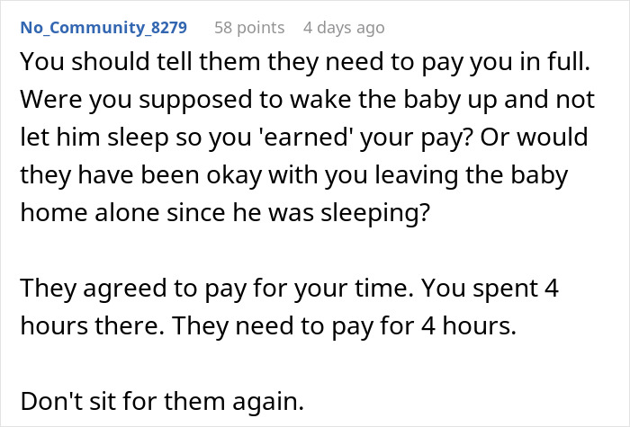 Comentario Asesoramiento de la niñera debe pagarse en su totalidad a pesar de que el bebé se queda dormido durante el trabajo, enfatizando la equidad en el pago de la niñera.