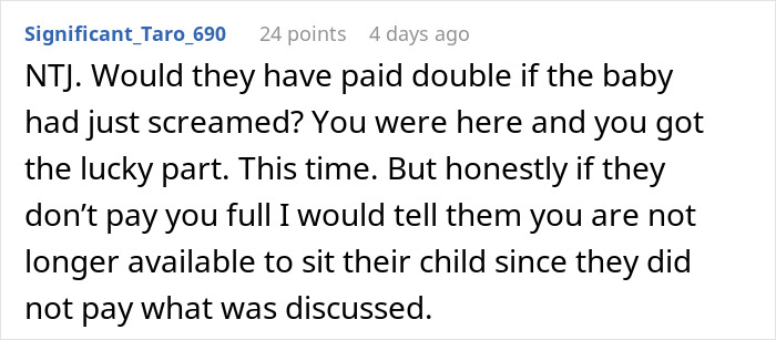 Comentario de texto sobre la disputa de pago de la niñera, discutiendo el bebé quedando dormido y la familia evitando el pago completo.
