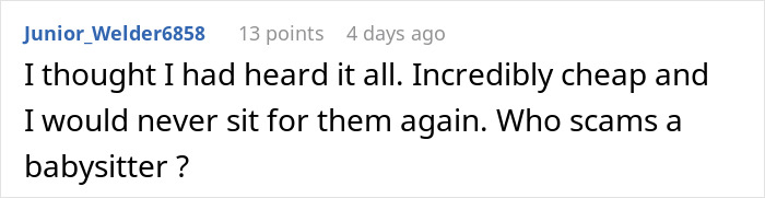 Comentario expresando frustración sobre una familia que intenta evitar pagar a su niñera el monto total después de que un bebé se duerme.