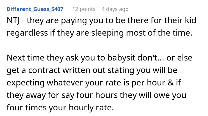 Comentario aconsejando que las niñeras deben pagarse independientemente de si el bebé se duerme durante el cuidado de la niña.