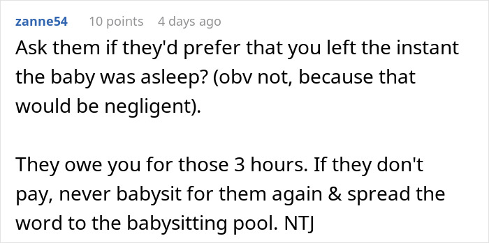 Comente sobre la familia que intenta evitar el pago completo después de que el bebé se queda dormido durante la sesión de cuidado de niños.