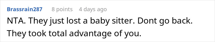 Comentario destacando una disputa de niñera, mencionando a la familia que intenta evitar pagar la cantidad total después de que el bebé se duerma.